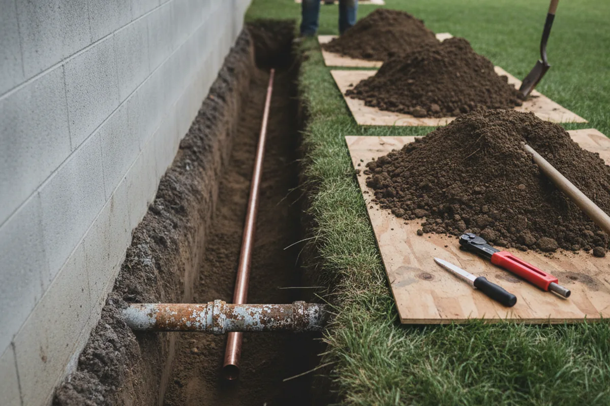 Excavated water line trench during Water Softener Installation in Hot Springs